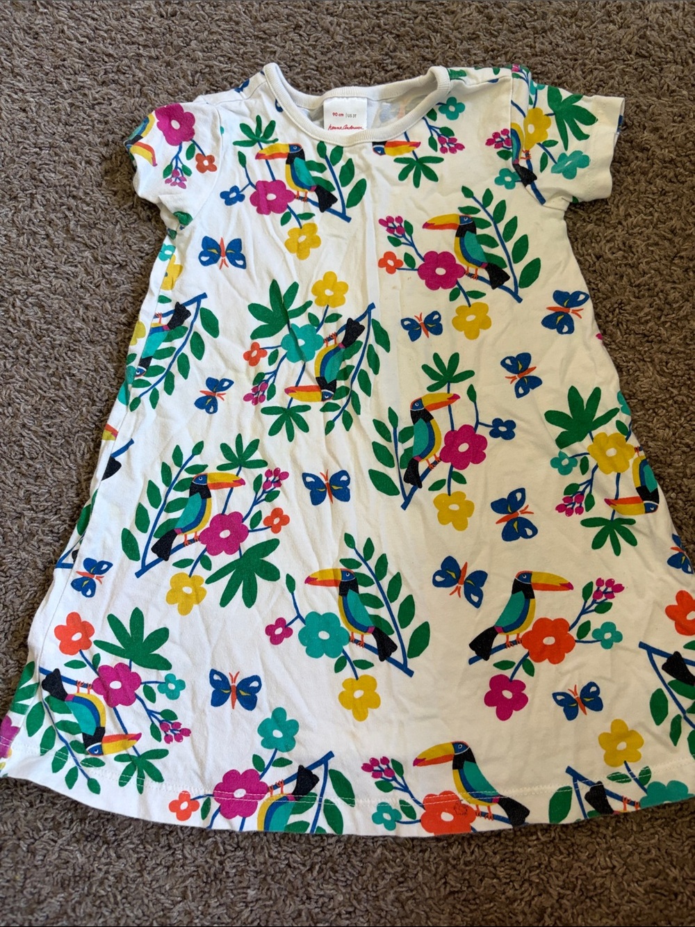 Hanna Andersson White Cotton Toucan & Floral Dress with Multicolor Print